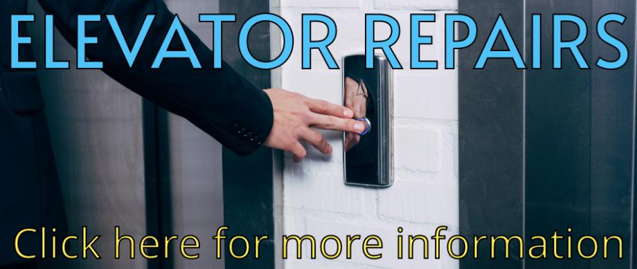 A person pressing an elevator's call button with blue text "ELEVATOR REPAIRS" and yellow text "Click here for more information"