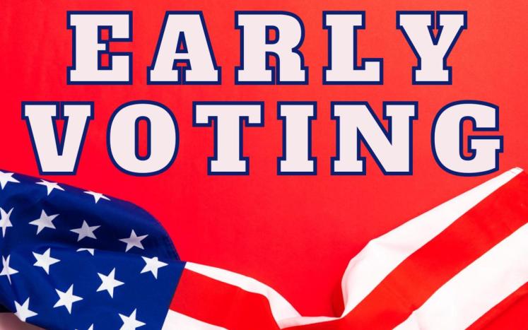 Early Voting sign with red background and US flag on lower half of page