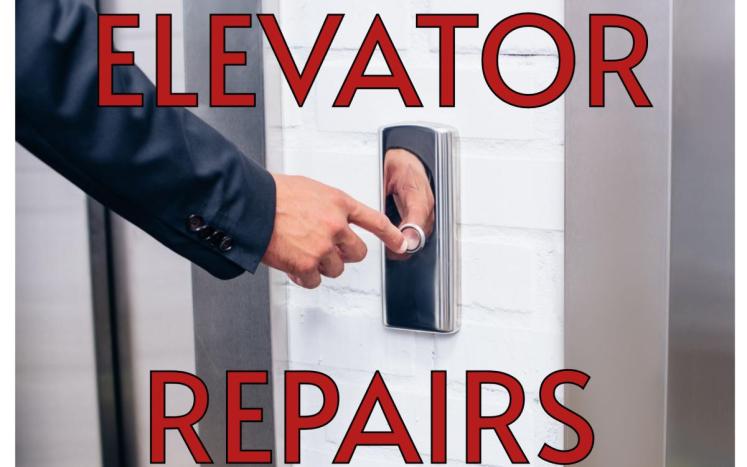 A person pressing an elevator call button with the text "ELEVATOR REPAIRS" in red
