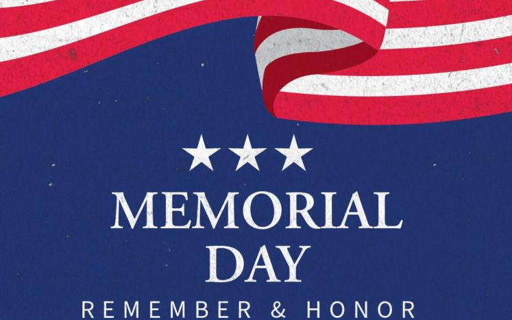 American flag on blue background with text "Memorial Day" and "Remember & Honor"