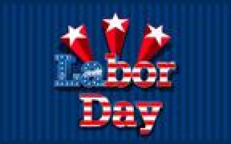 American Flag-patterned "Labor Day" with shooting stars over blue background.