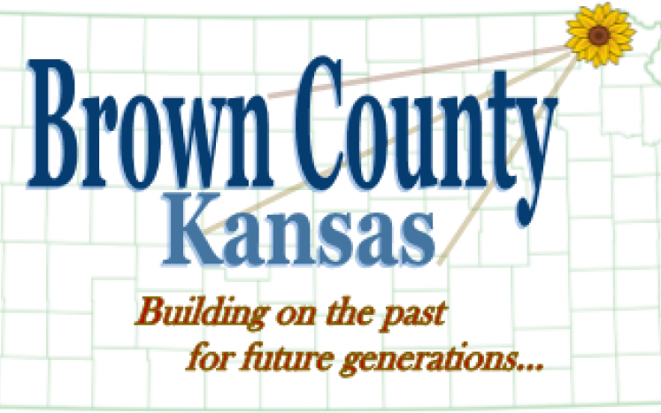 Kansas county map w/ a sunflower over Brown Co and lettering Brown County Kansas, building on the past for future generations